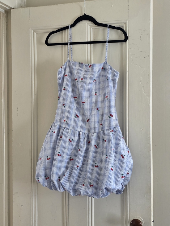 Cherry Mellow Dresses & Skirts - Blue Plaid Cherry Print Sundress Size M